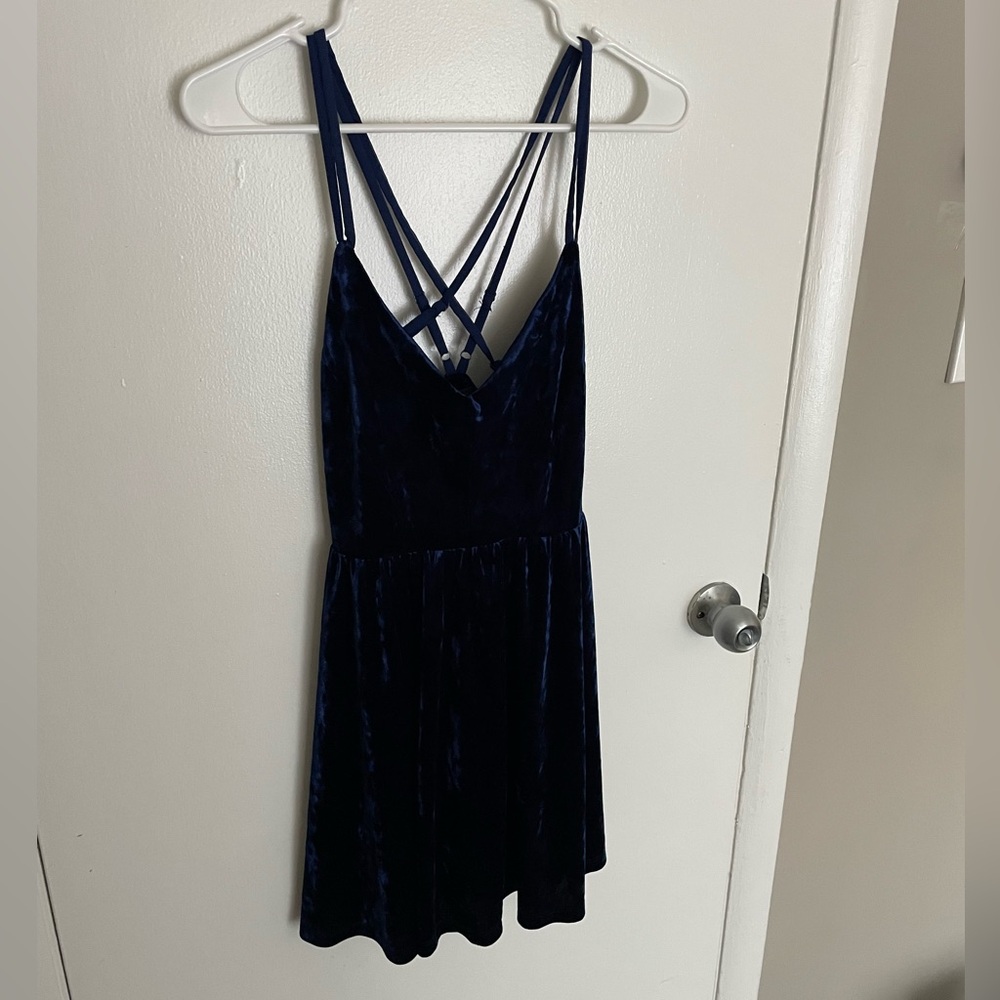 Dark blue crushed velvet skater dress strappy back